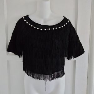 Beulah Women's NWT Black Fringe Pearl Beaded Crop Top Blouse Size S Short Sleeve